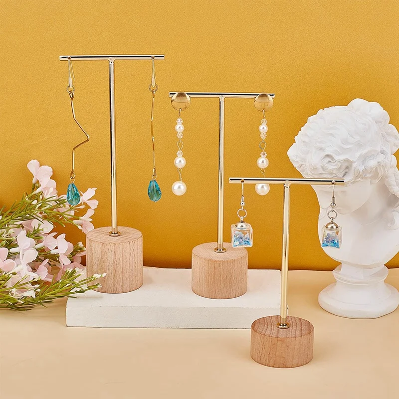 

3Pcs T Bar Earring Display Stand With Wooden Base Jewelry Holders Hanging Jewelry Organizer For Photography Props