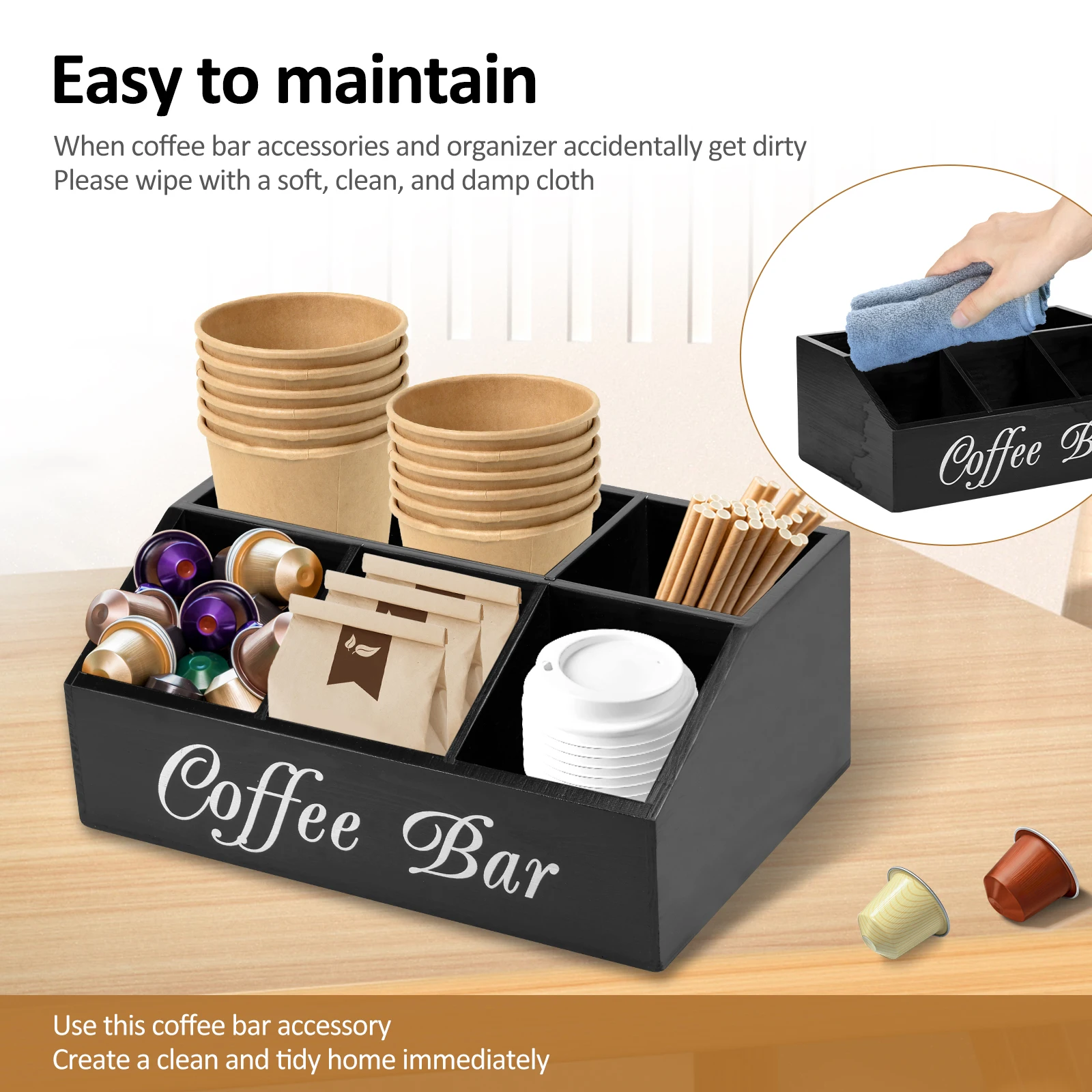 Wooden Coffee Pod Drawer Organizer - Countertop Coffee Bar Station For Pods & Syrups, Farmhouse Style (White) - View #6