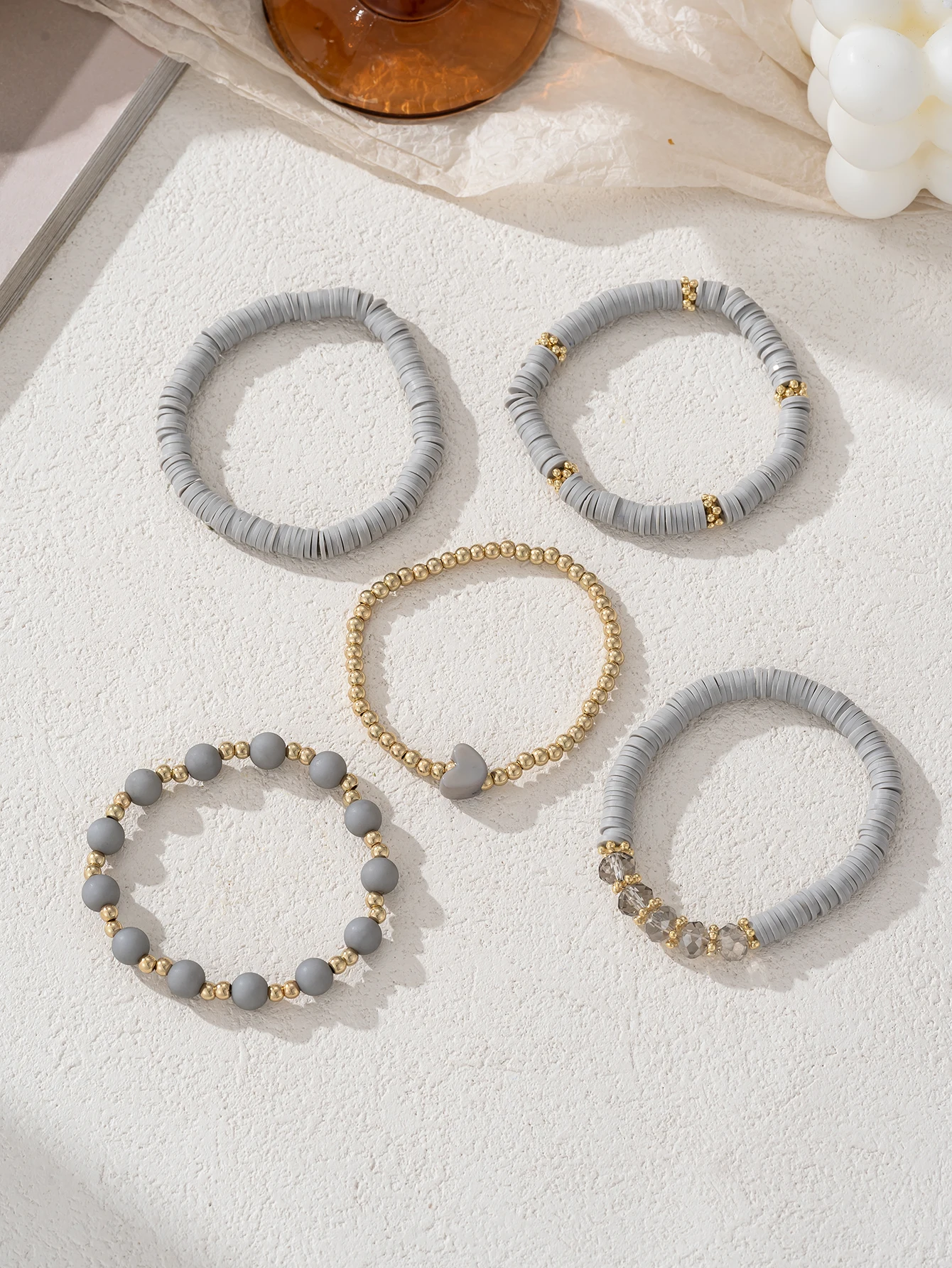 Minimalist Grey Soft Ceramic Elastic Womens Bracelet Set