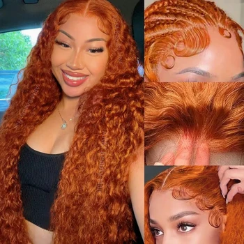 Water Wave Ginger Orange Lace Front Wigs Human Hair 350 Colored Human Hair Wet Wavy Wig for Women Deep Curly Wigs with Baby Hair 1