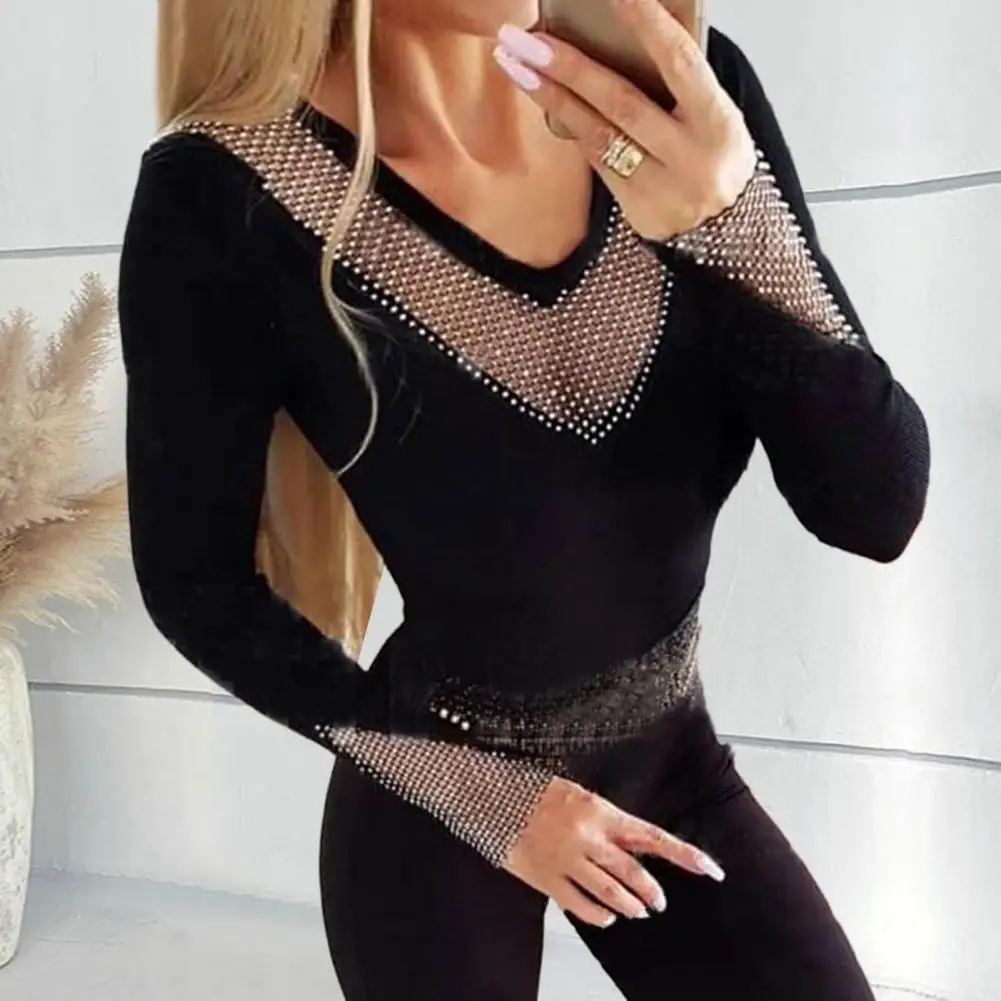 Women Slim Fit Top Rhinestone Mesh Hollow Heart Velvet Patchwork Women's Slim Fit T-shirt Sexy Blouse Long Sleeve for Autumn autumn 2023 new commuter polo double button waist mesh spliced rhinestone suit coat blazers for women