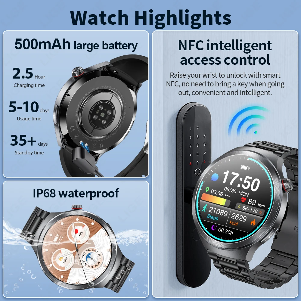LIGE 2025 ECG Smart Watch Men 1.73” AMOLED Screen Emotional Detection Fatigue Monitoring Watches NFC Access Control Smartwatch 4