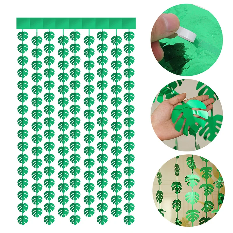 1X2M Green Tropical Palm Leaves Tinsel Foil Fringe Curtains Hawaiian Party Photo Backdrop Kids Jungle Birthday Party Decorations