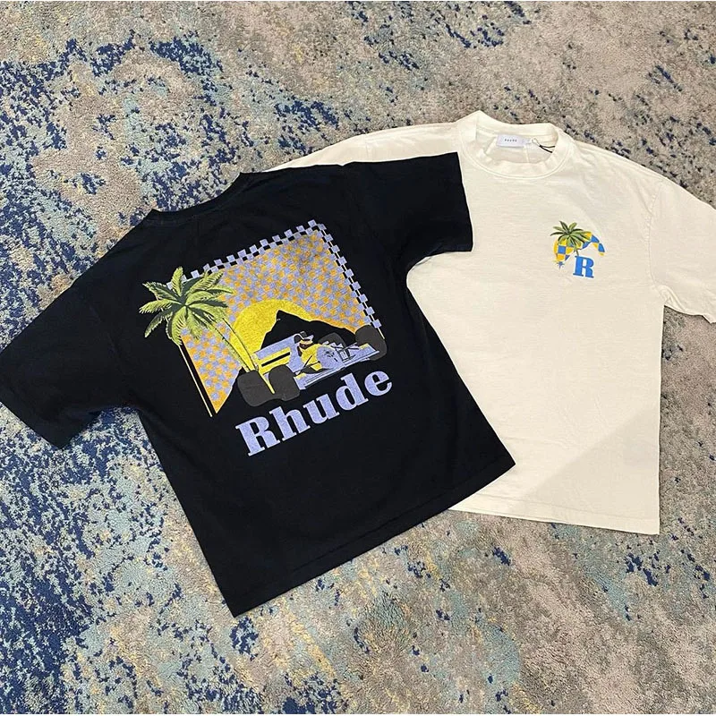 

2023ss RHUDE Moonlight Tropics T-shirt Black White Hip-Hop Cotton Round Neck Short Sleeve for men