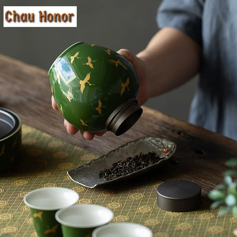 Retro Emerald Gold Crane Art Ceramic Tea Pot Household Double-layer Sealed Pot Small Convenient Tea Moisture-proof Storage Caddy