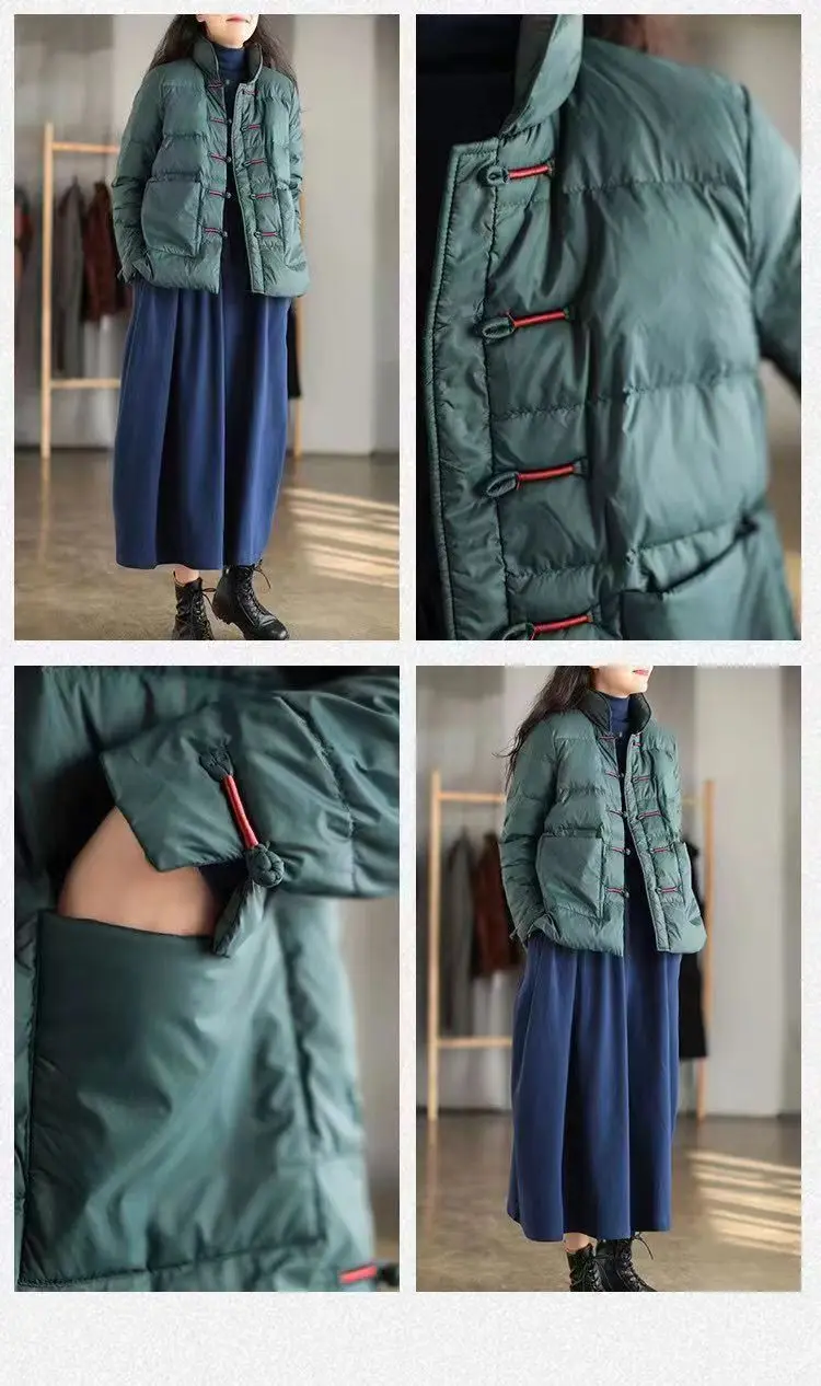Chinese retro women down cotton jacket Vintage Single-breasted Quilted Coat stand collar Lightweight Parka Windproof outwear