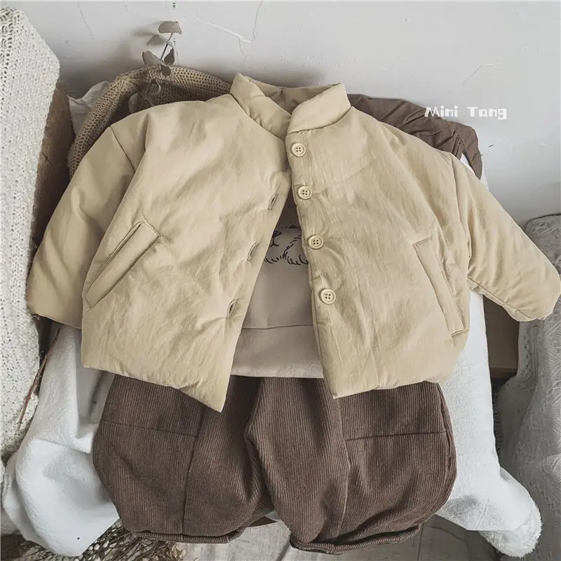 Winter Kids Jacket Thicken Cotton Warm Boys Girls Winter Coat Solid Color Children Retro Style Outwear Windproof Warm Coat