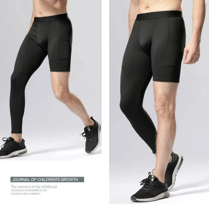 Summer Men's Base Layer Exercise Trousers Running Tight Sport Cropped One Leg Leggings Basketball Football Yoga Fitness Pants