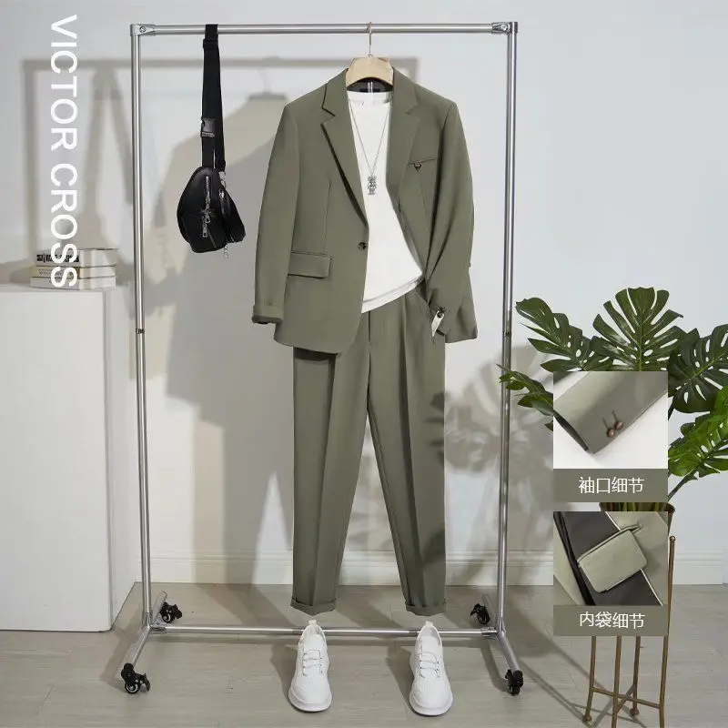 Men Fashion Spring Autumn Business Casual Office Suits New Suit Set Men Trendy Summer Korean Pure Color Loose Two-piece Set