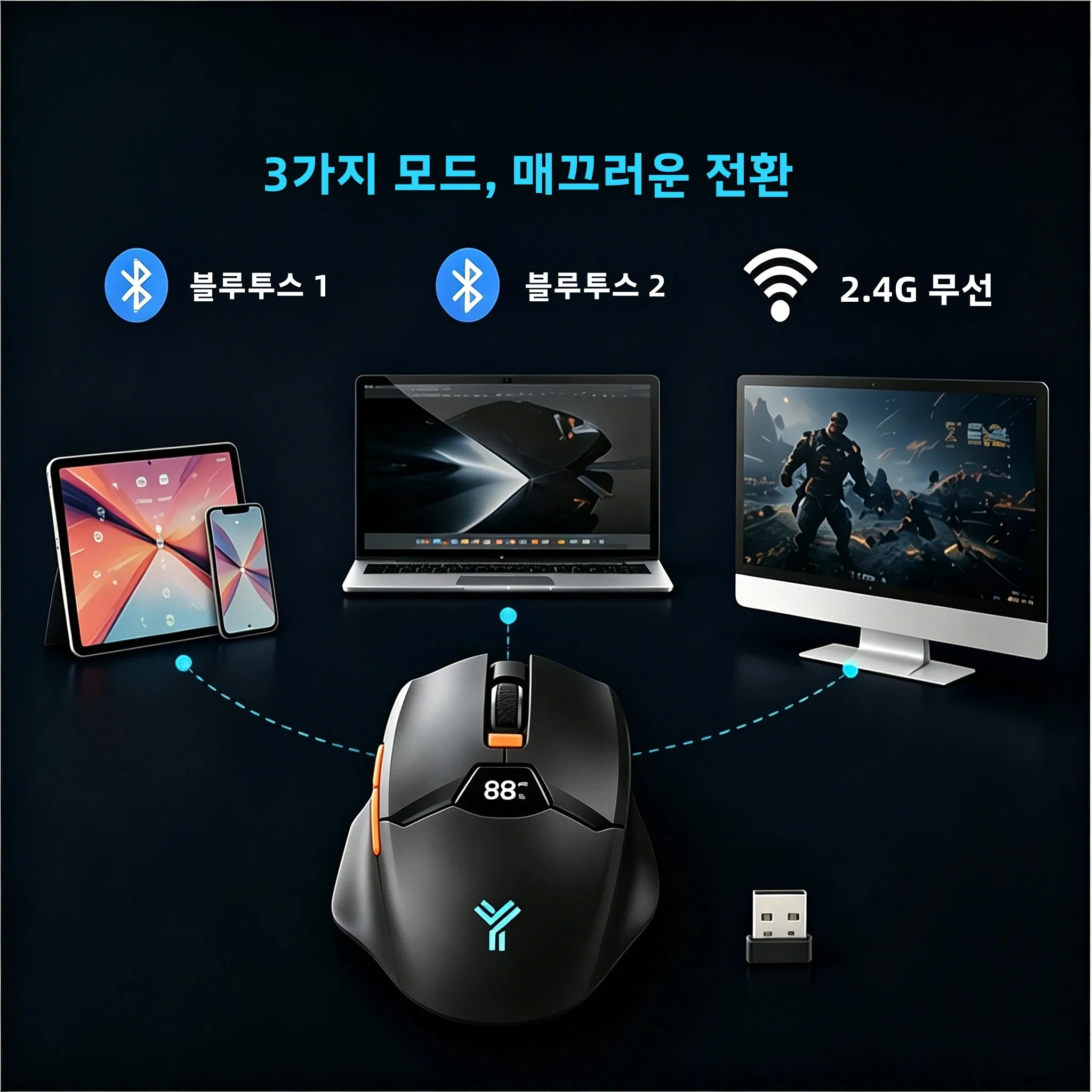 트리모드 무선 마우스 블루투스 2.4G 충전식 RGB 사무용 마우스 (노트북 PC용 LED 디스플레이 포함)