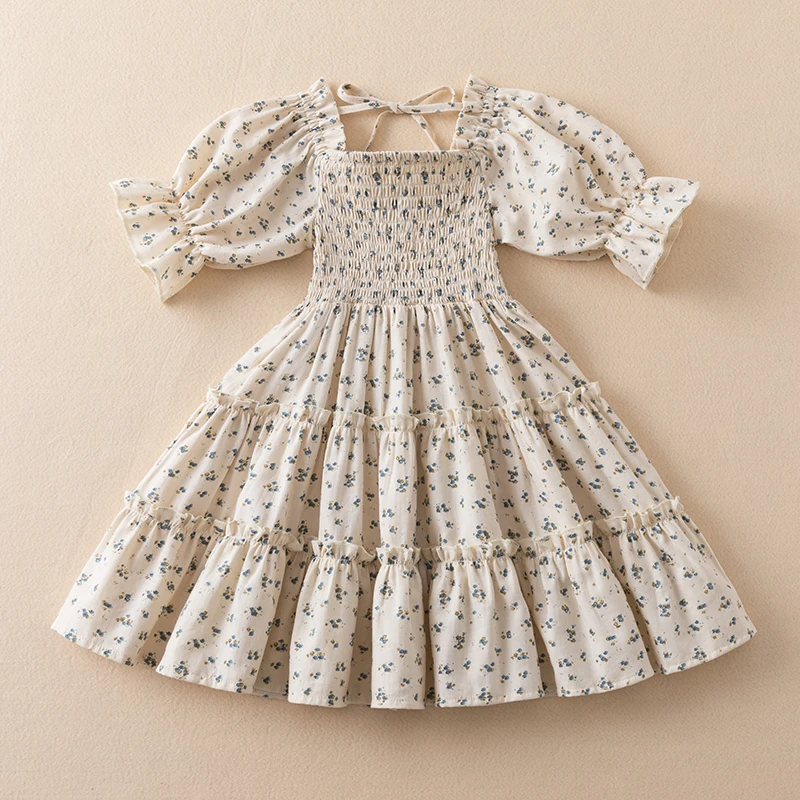 Short Sleeve Dress for Girl Polka Dot Kids Floral Evening Party Dresses Children Clothing Girls Birthday Smocked Vestidos 3-8T