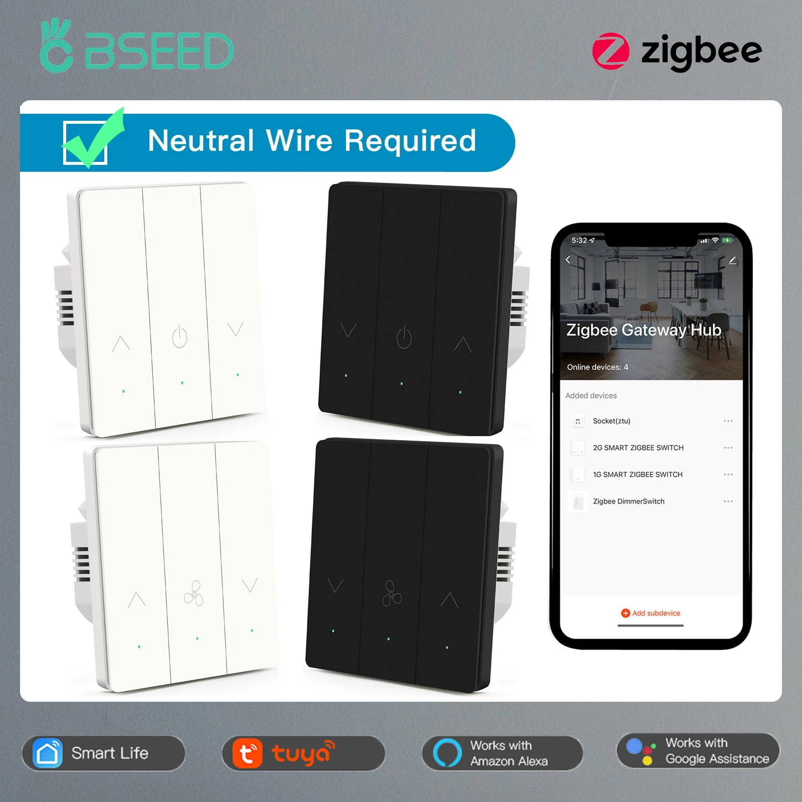 Bseed Zigbee Smart Dimmer Switch Push Switch Led Light Regolare Smart Fan Switch Controllo Della Velocità Funziona Con Tuya Google Home Alexa