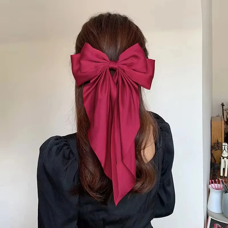 여성과 소녀들을 위한 한국 스타일 큰 리본 헤어 클립, 솔리드 새틴 롱 리본 바레트 스프링 클램프 헤어 액세서리