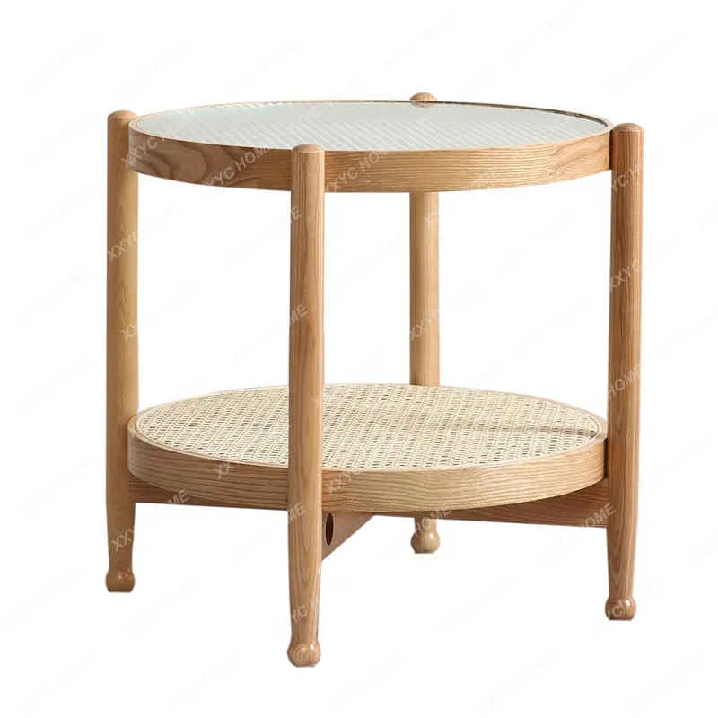 

Muebles Nordic round Tea Table Solid Wood Coffee Table Light Luxury Living Room Rattan Side Table White Wax Simple round Table