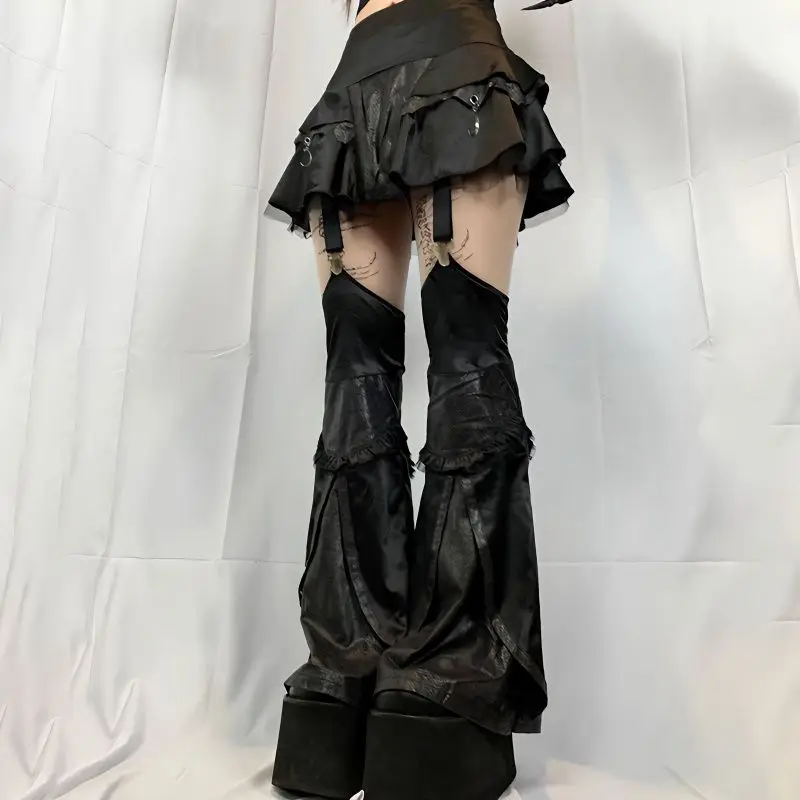 

Gothic Leather Patchwork Mini Skirt with Trouser Leg Women Lolita Grunge Skirt Dark Academic Streetwear Punk Clothes Black Skirt