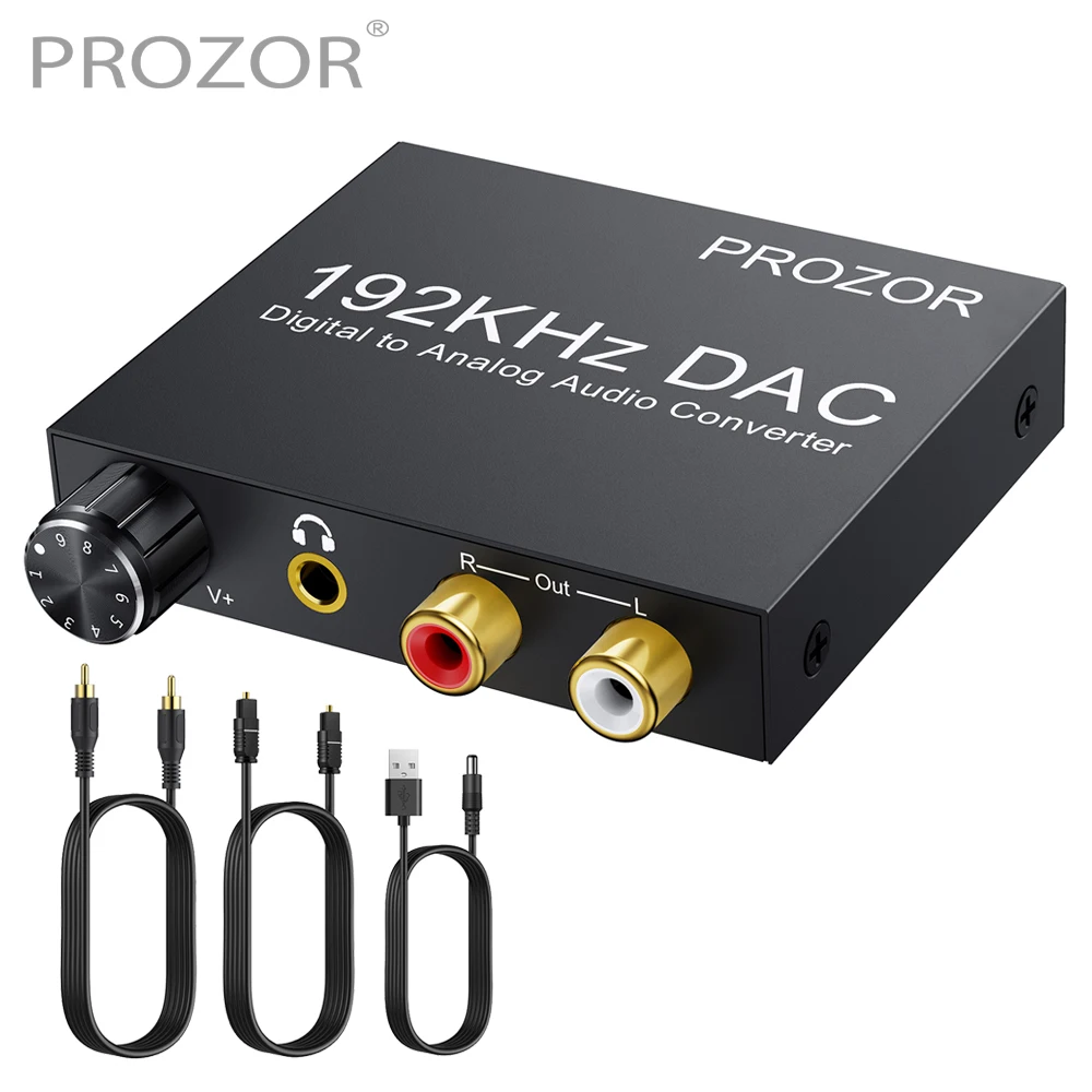 PROZOR 192KHz DAC Converter Toslink Coaxial SPDIF Optical Input RCA 3.5mm Output with Volume Adjustable Remote Control Digital to Analog Audio Converter with Optical Cable 