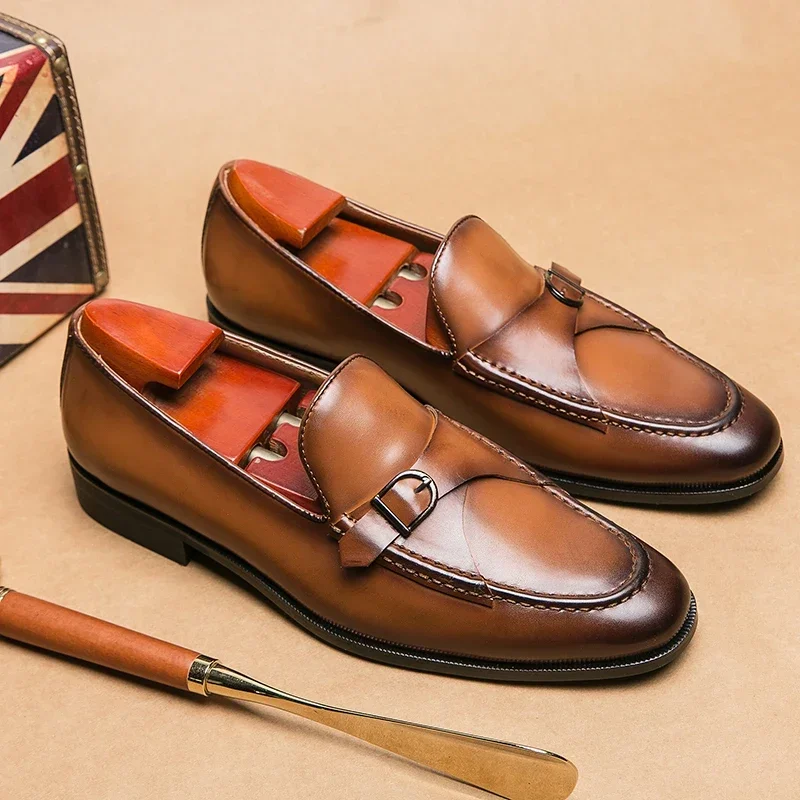 

New Men Dress Shoes Loafers Brown Square Toe Slip-On Business Wedding Mens Shoes Free Shipping Handmade
