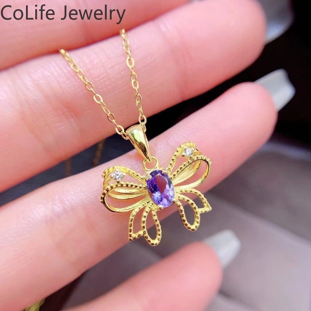 

Elegant 925 Silver Bowknot Pendant 4mm*6mm 0.5ct Natural Tanzanite Pendant with Sterling Silver Necklace Gift for Girlfriend