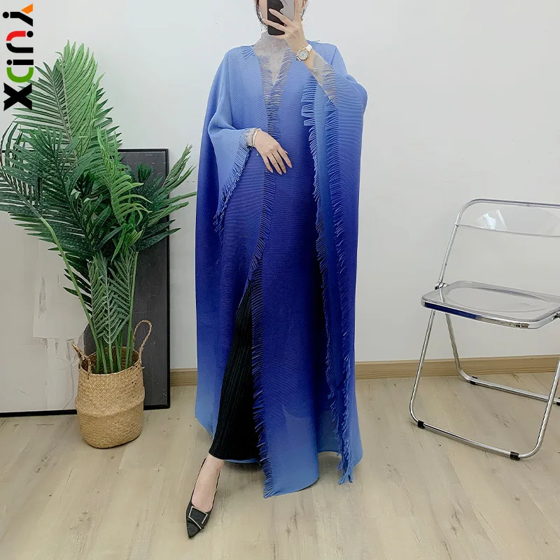 

Miyake Gradient Color Trench Pleated Large Poncho Tassel Long Section Loose Plus Size Shawl Jacket Versatile Slim 2023 Fall New