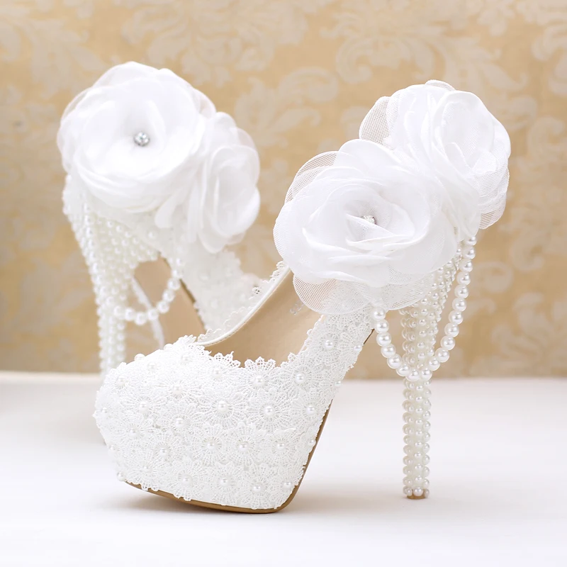 

New Sexy Bottom Women Pumps String Bead Pointed Toe PU 12CM Thin Heels Pearl Pendant Wedding Shoes Sexy Ladies Party Shoes White