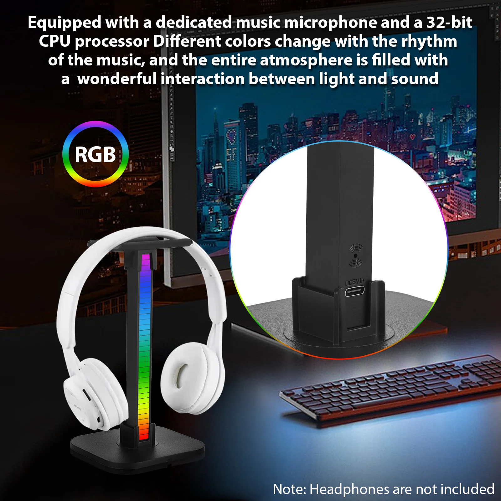Headphone Stand RGB Light for Desk PC Gaming Headset Bottom Anti-slip with Type-C Ports Rechargeable Headset Display Hanger