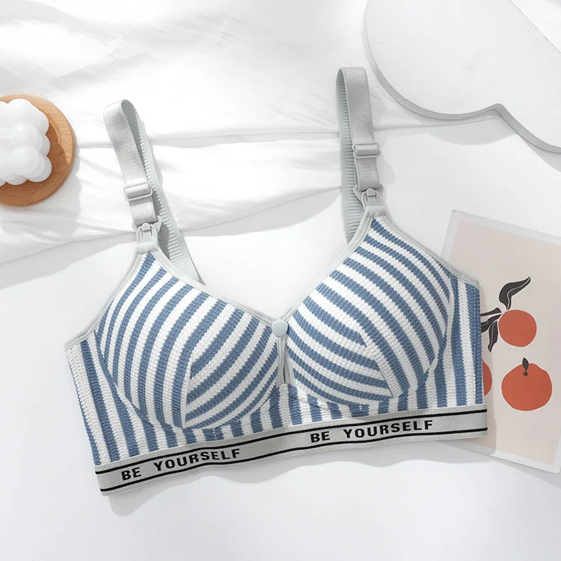 New Lightweight Breathable Maternity Breastfeeding Bra Made of Pure Cotton Gathered Anti Sagging Letter Stripe Women's Underwear 5