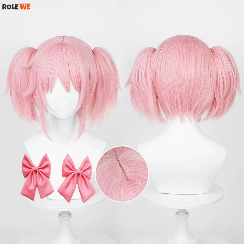 

Парик для косплея аниме Madoka Kaname, короткие розовые волосы с двойным хвостом, термостойкие синтетические волосы, парики для Хэллоуина + шапочка для парика