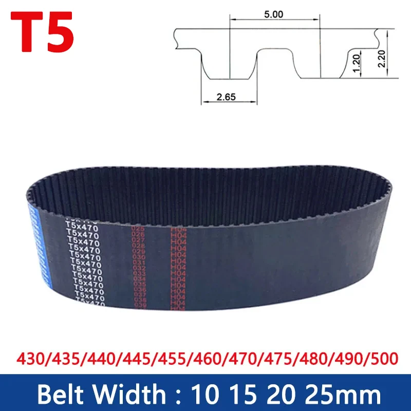 

1PCS T5 Timing Belt Width 10/15/20/25mm Rubber Closed Loop Synchronous Belt Length 430/435/440/445/455/460/470/475/480/490/500mm