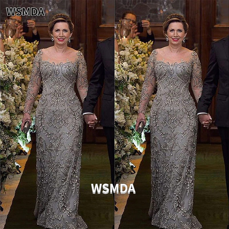 Illusion Scoop Neck Long Sleeves Mother of The Bride Dress Lace Appliques Beads Elegant Dress Women for Wedding Party mother bride dresses