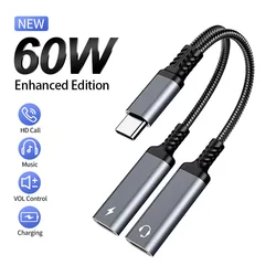 Dual USB - C Splitter: Audio Adapter and 60W Fast Charging Solution (NEW 60W Gary)