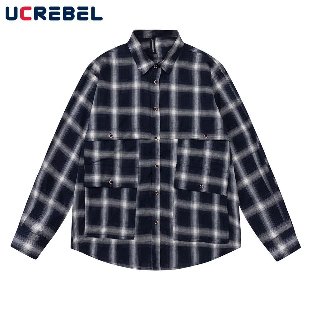 

Contrast Plaid Long Sleeve Shirt Mens Autumn Retro Loose Pocket Single Breasted Lapel Shirts Men