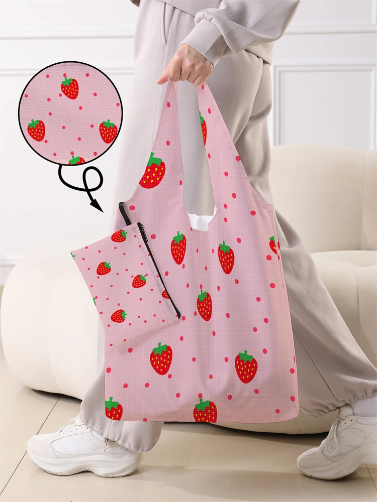 Ladies' Foldable Cartoon Strawberry Pattern Large Shopping Bag Foldable Storage Reusable Easy to Carry Capacity Handbag