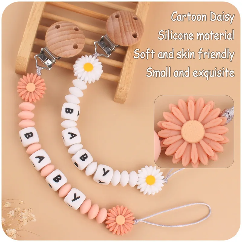 Personalize Silicone Letters Name Baby Daisy Flower Silicone Bead Pendant Pacifier Clips Chains Holder Teether Birthday Gifts