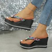 Colored Rhinestone Chunky Wedges Flip Flops Women Super High Heel Clip Toe Sandals Woman Plus Size Platform Thick Bottom Sandles - Image 3