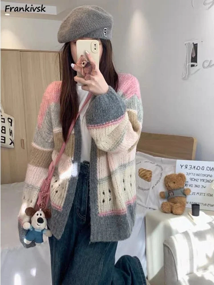 

Colorful Striped Cardigan Women Aesthetic Chic Autumn Fashion Schoolgirls Lovely Knitwear All-match Loose Long Sleeved Korean