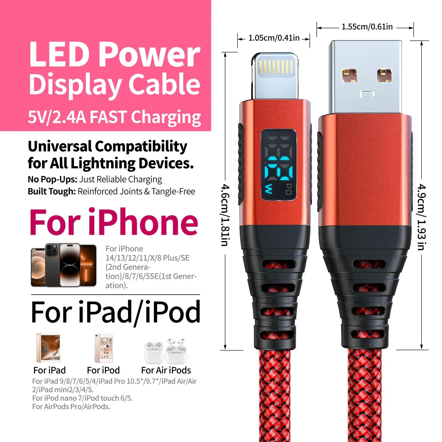 Premium MFi Certified Lightning Charger Cable - Fast 2.4A Charging with Extended Length