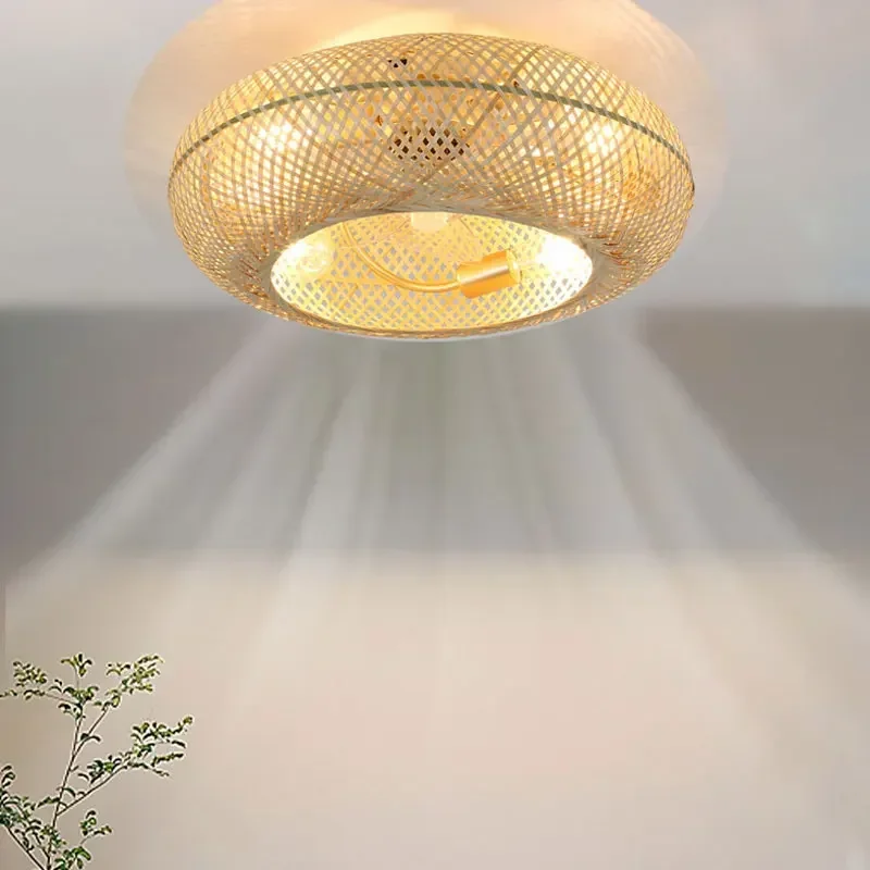 Handmade Bamboo Ceiling Fans with Lights Bedroom Decor Ventilator Lamp 50cm Air Invisible Blades Retractable Silent Chandelier