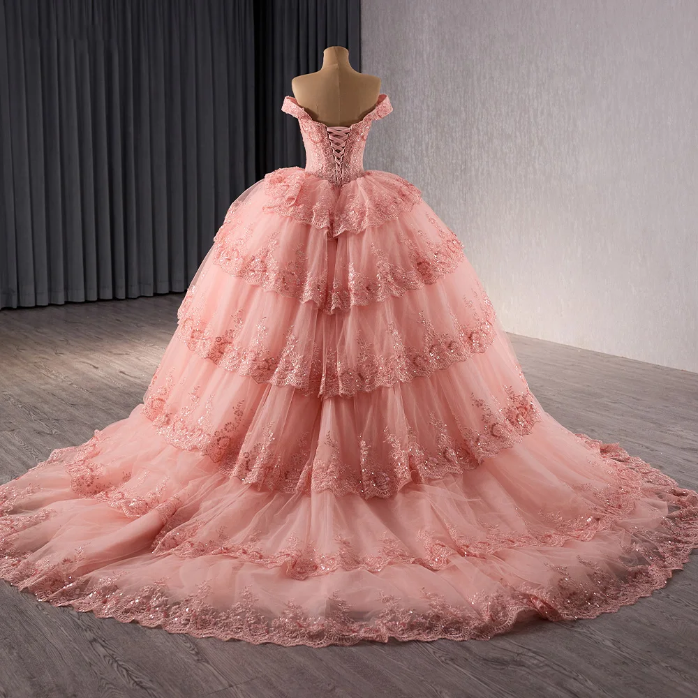 Pink Ball Gown Women Quinceanera Dresses Scoop Tulle Off Shoulder Prom Birthday Party Gowns Formal vestidos de 15 quinceañera 241089 6