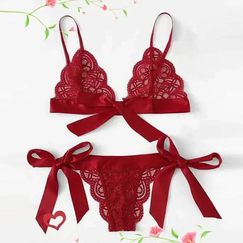 Sexy Lace Bra Brief Set Lingerie Set Women Underwear Transparent Bra Panties Sets Female Red Ultra-thin Unlined Underwear Set