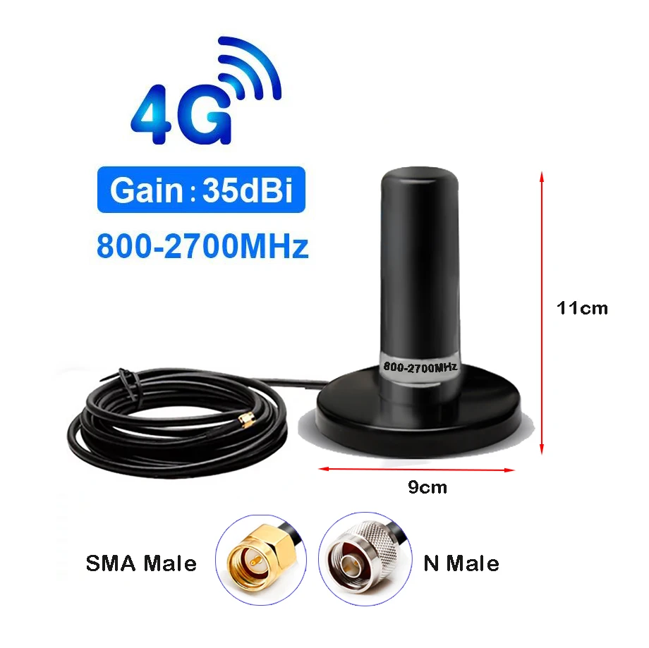 High Power GSM 2G 3G 4G Car Outdoor Waterproof Gain 35dbi Large Magnetic Chuck Base Station Antenna N-J SMA-J RG58 3m Cable