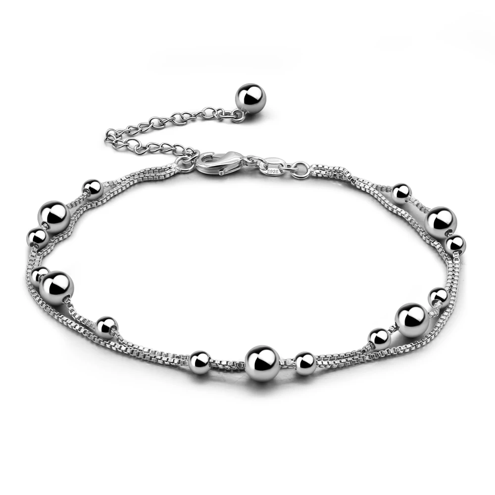 

Charm Fashion 925 Sterling Silver Double box chain Anklet Bracelet Simple Adjustable Cute bell Bracelet Gift for Women & Girl-B