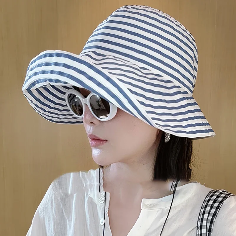Ladies Foldable Wide Brim Sun Hat - Striped UV Protection Fisherman Cap for Beach, Travel & Outdoor Summer