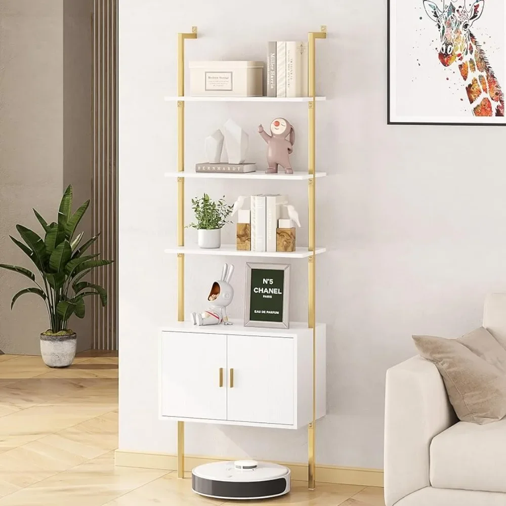 Bookshef with Cabinet, Wall Mounted Bookcases, 5 Tier Tall Open Display Rack, 73 Metal Industrial Bookshelf, Storage Shelves