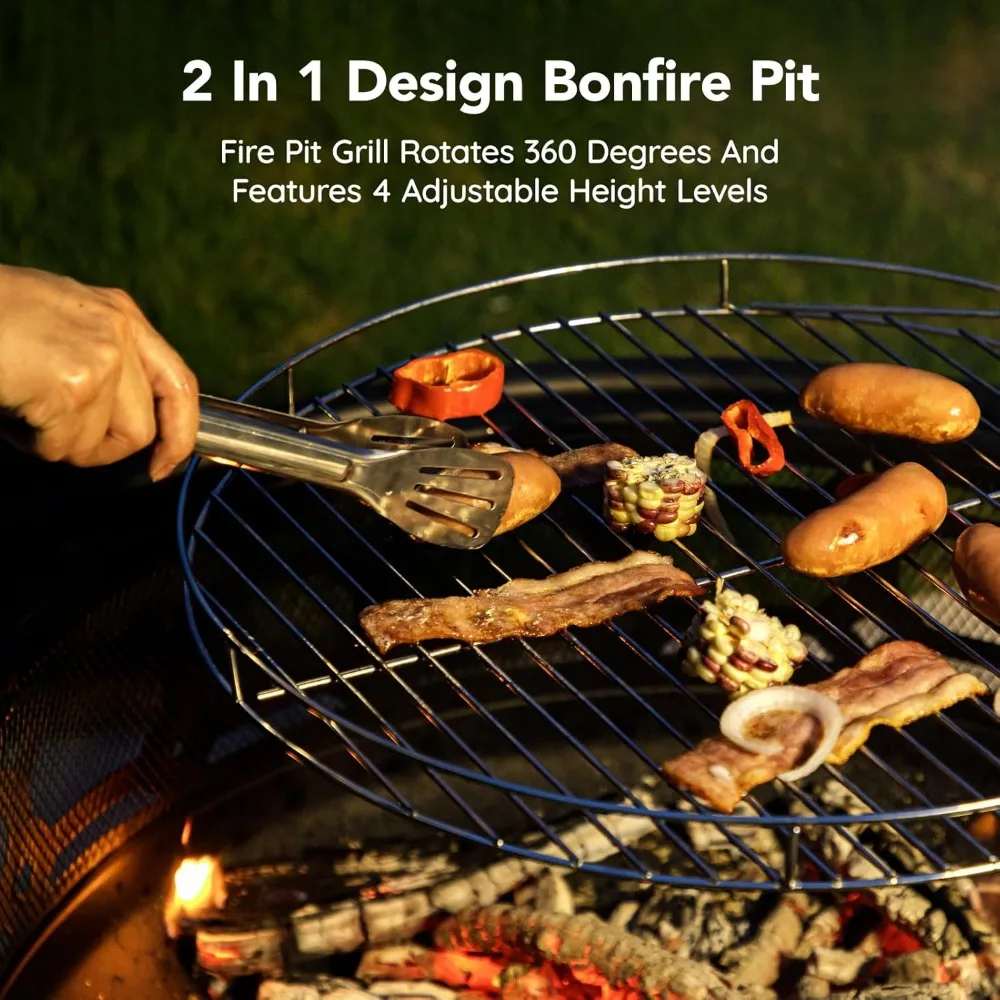 36 Inch Fire Pit, Outdoor Wood Burning Firepit with Removable Grill & Poker, Heavy Duty Metal Round Fireplace,2 in 1 Large Bonfi