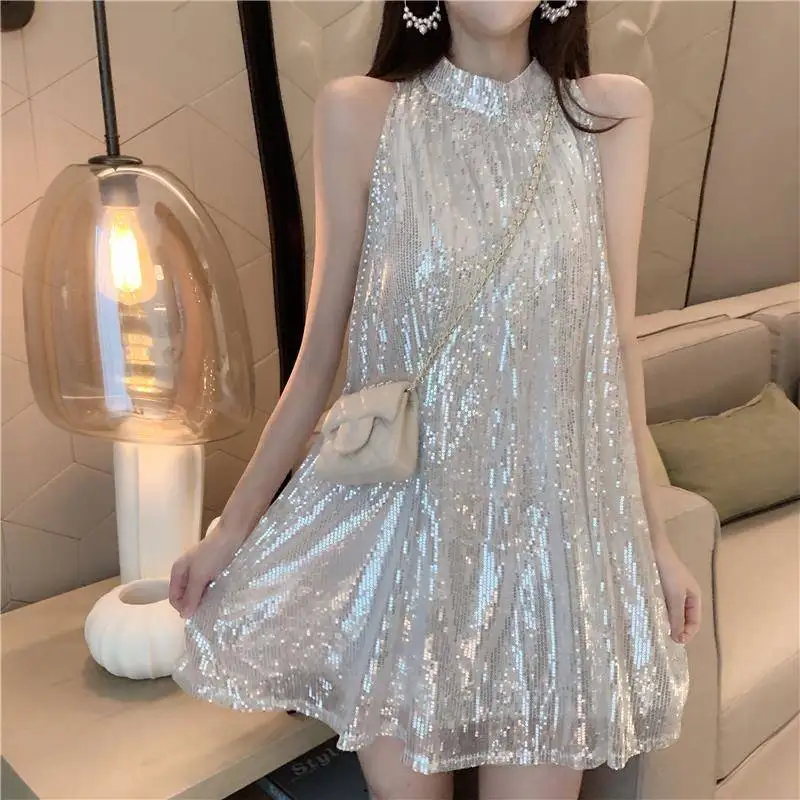 

2023 Backless Shiny Sequined Party Dress Women Sexy Short Halter Strapless Dress Vintage Female A-Line Vestidos Silver