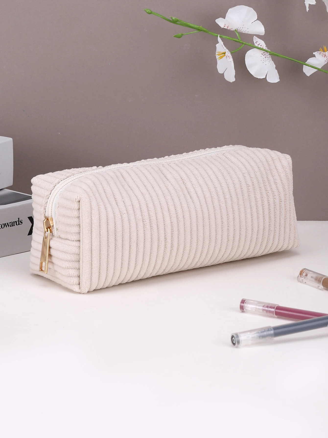 Saashi Retro Corduroy Pencil Case Travel Cosmetic Lipstick Stationery Storage Bag Women.