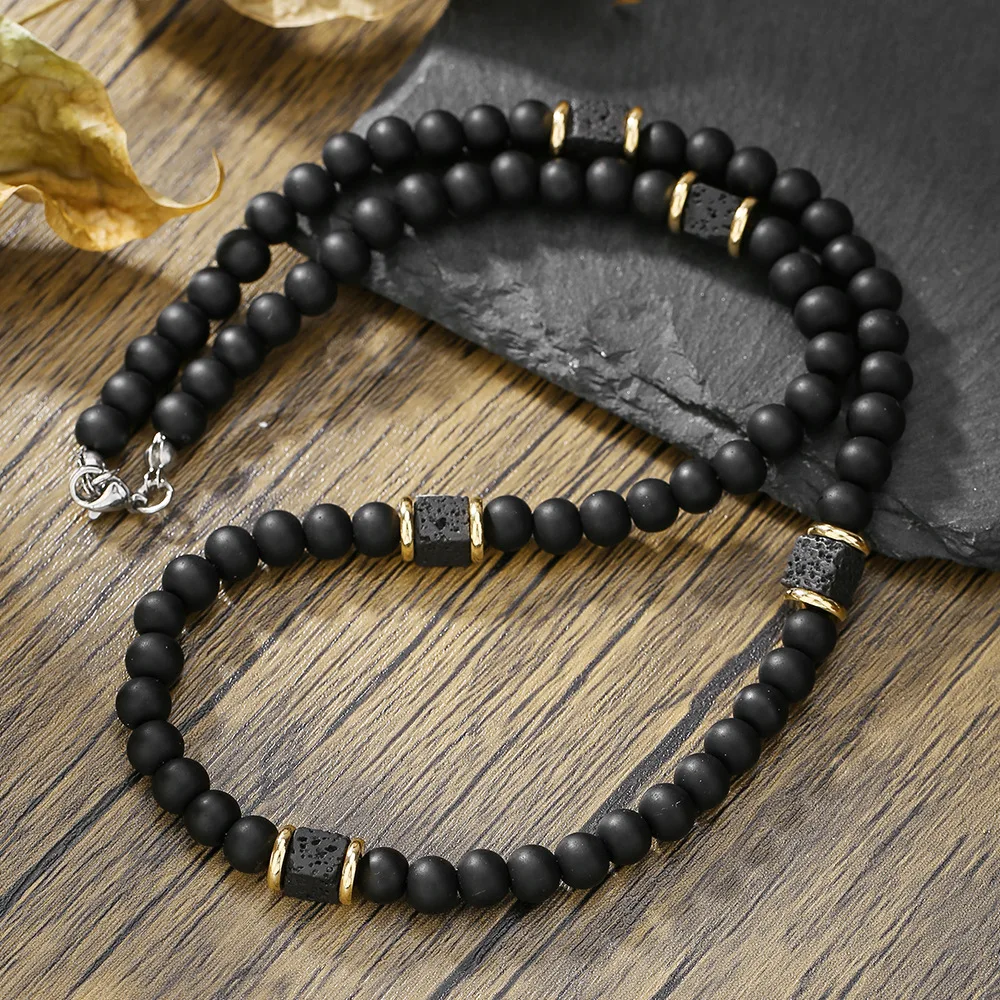 1PC Mode Vintage Schwarz Perlen Halskette für Männer Lava Stein Halskette Männer Schmuck
