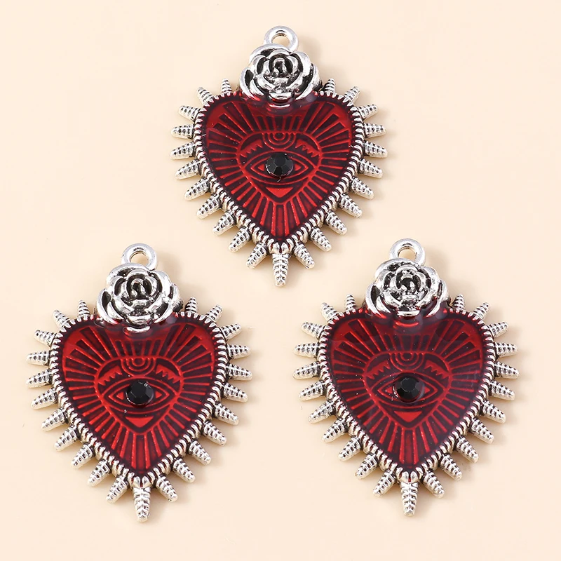 4pcs 25*32mm 패션 로즈 레드 하트 에나멜 매력 고딕 아이 하트 펜던트 수제 DIY 쥬얼리 액세서리 찾기