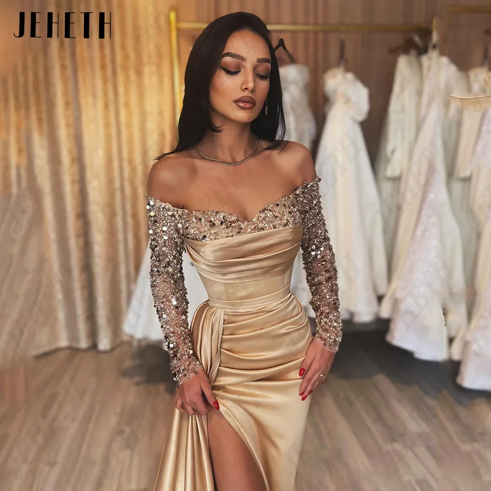 JEHETH Fashion Champagne Evening Dresses Off Shoulder Sweetheart Long Sleeves Prom Gowns Mermaid Satin 2024 vestidos de noche