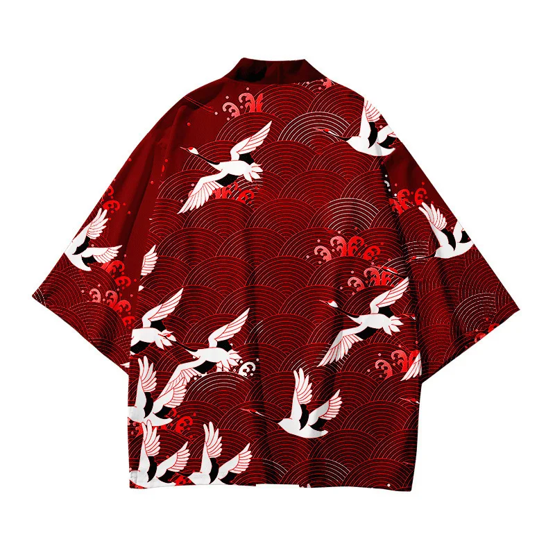 Summer Asian Traditional Dress Men's and Women's Crane Printed Kimono Cardigan Harajuku Yukata Dark Haori Shirt Jacket